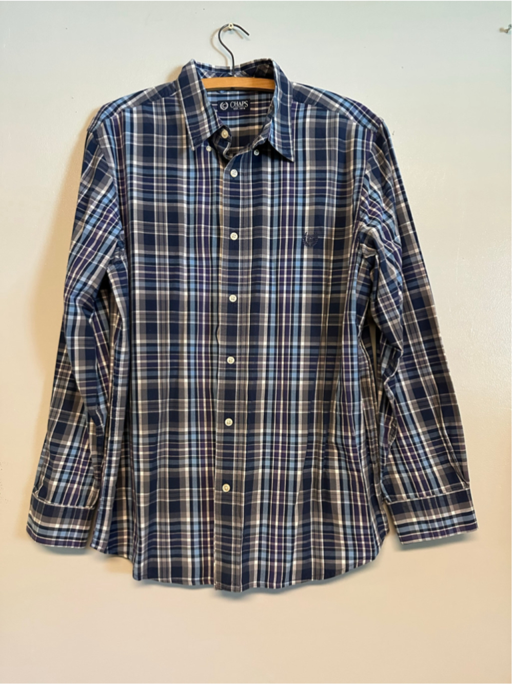 Chaps Plaid Casual Button Down Shirt Size Large Blue Long Sleeve Date Night
